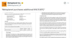 Metaplanet Acquires 620 Bitcoin in Its Largest Purchase Yet